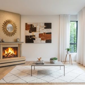 Șemineu Târgoviște modern pe lemne cu focar panoramic, finisaj crem și detalii negre, montat într-un living elegant